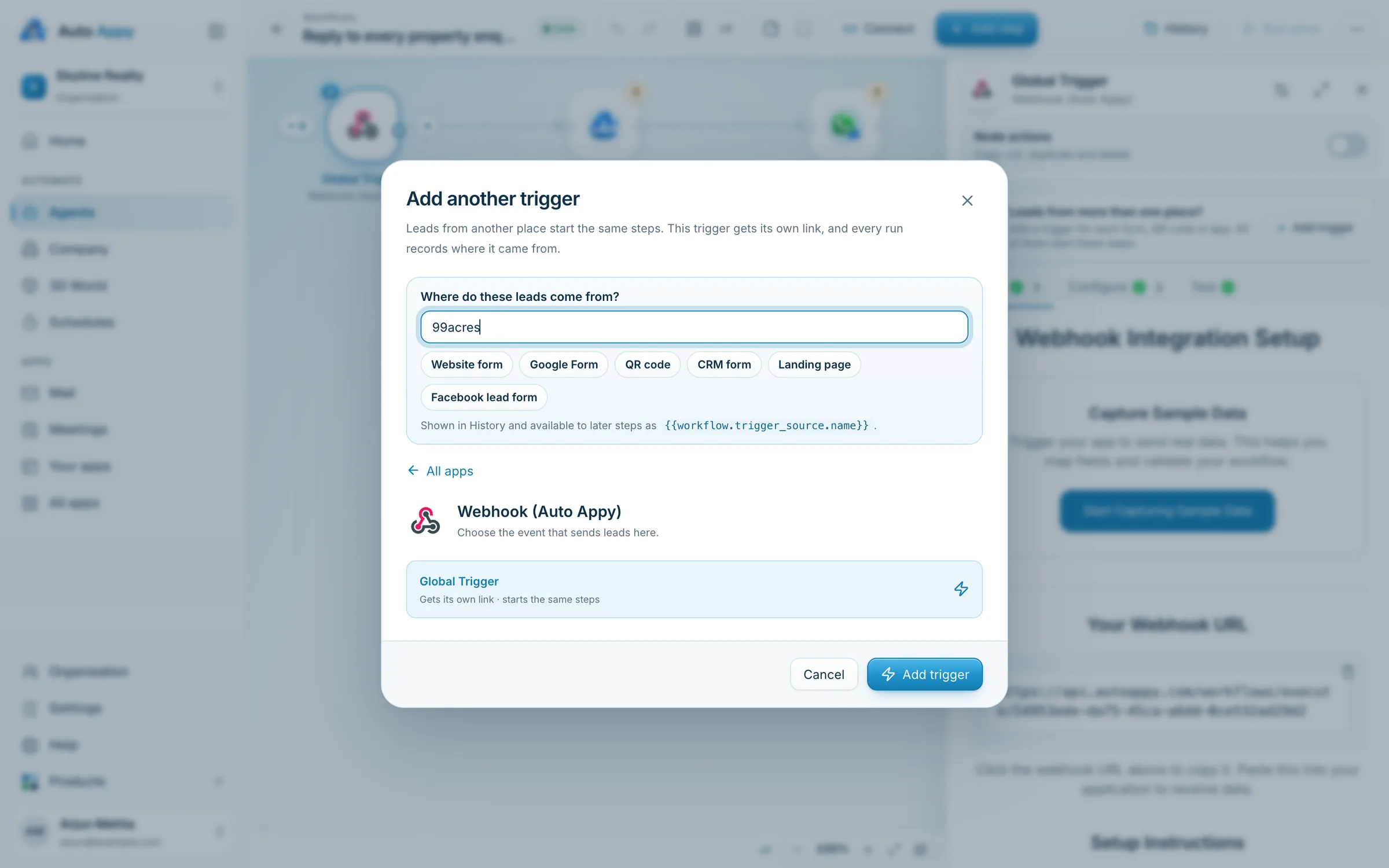 Add another trigger dialog with the source name 99acres and Webhook (Auto Appy) Global Trigger selected
