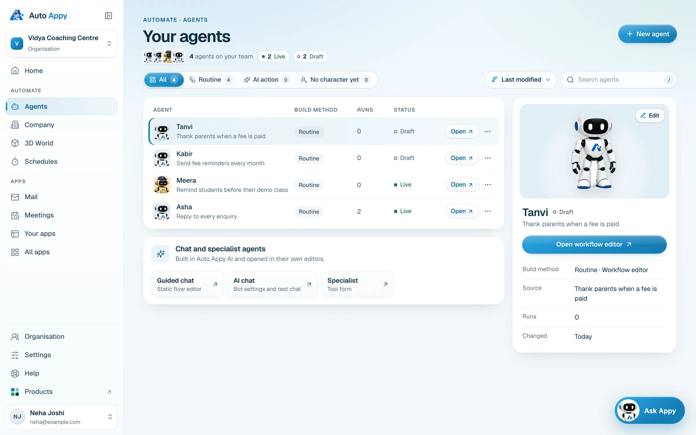 Your agents: one Routine agent named Appy, Welcome new leads, Live, with its details on the right