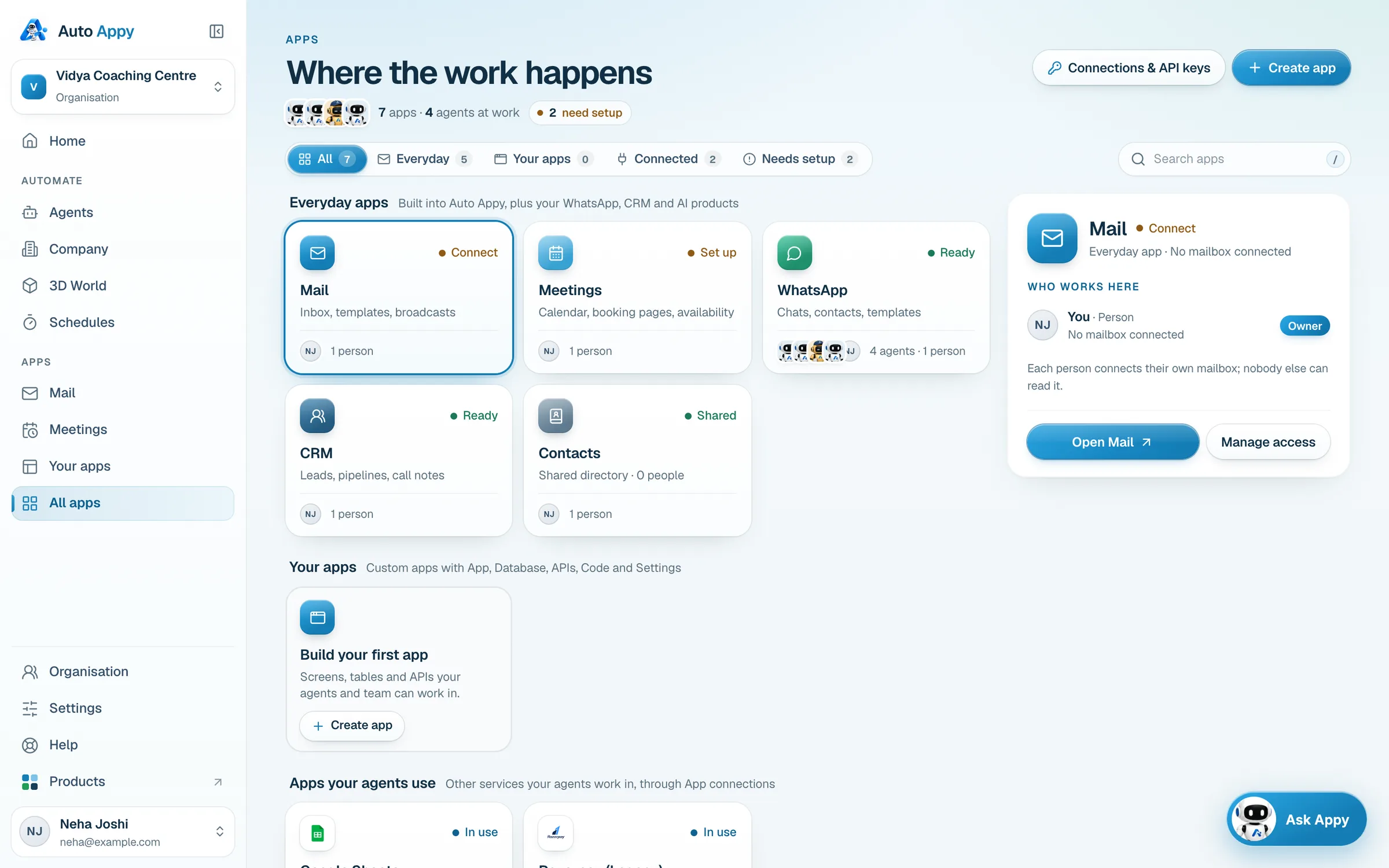 All apps: Everyday apps (Mail, Meetings, WhatsApp, CRM, Contacts), Your apps, and Apps your agents use