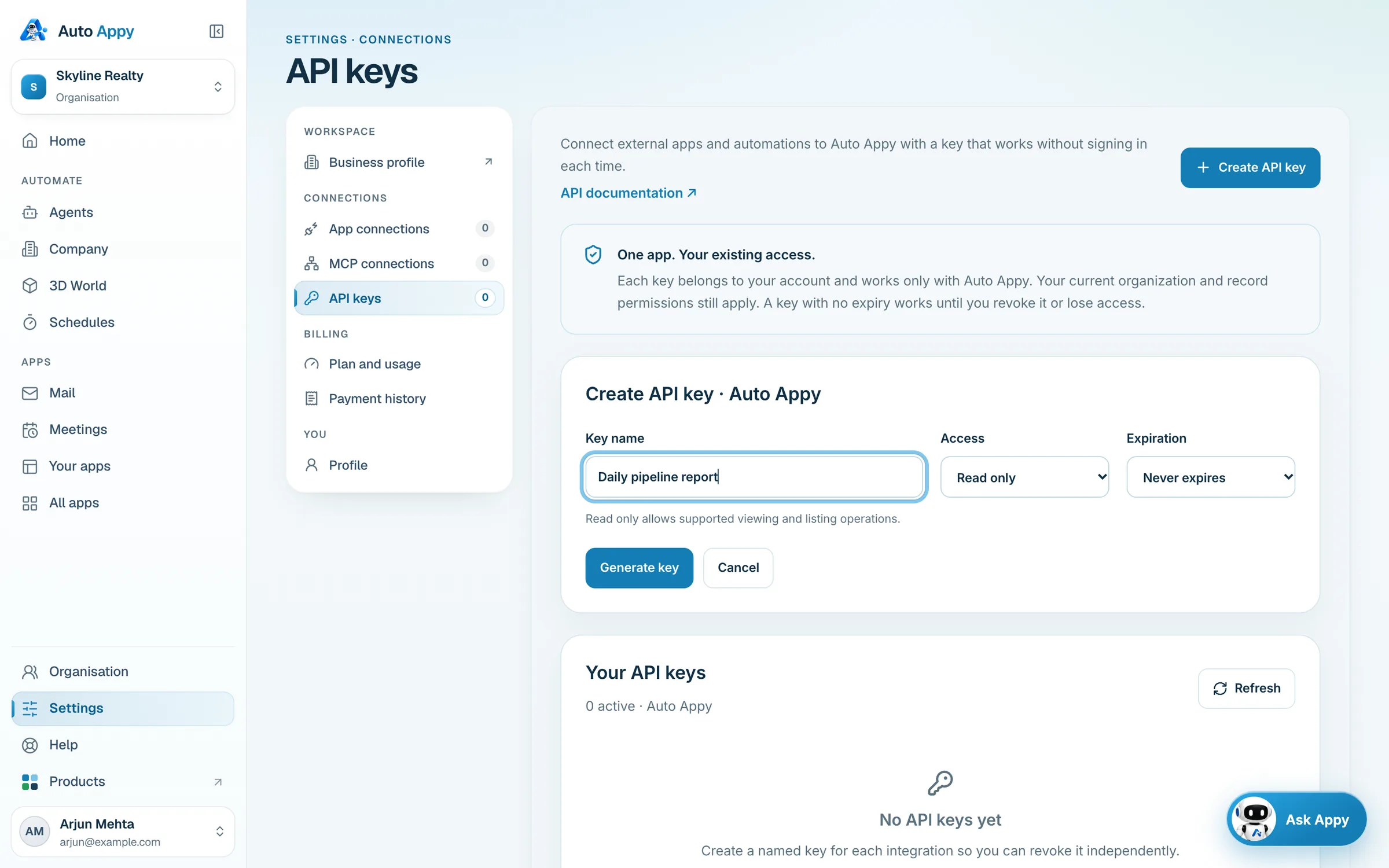 Create API key form with Key name, Access (Read and write) and Expiration (Never expires)