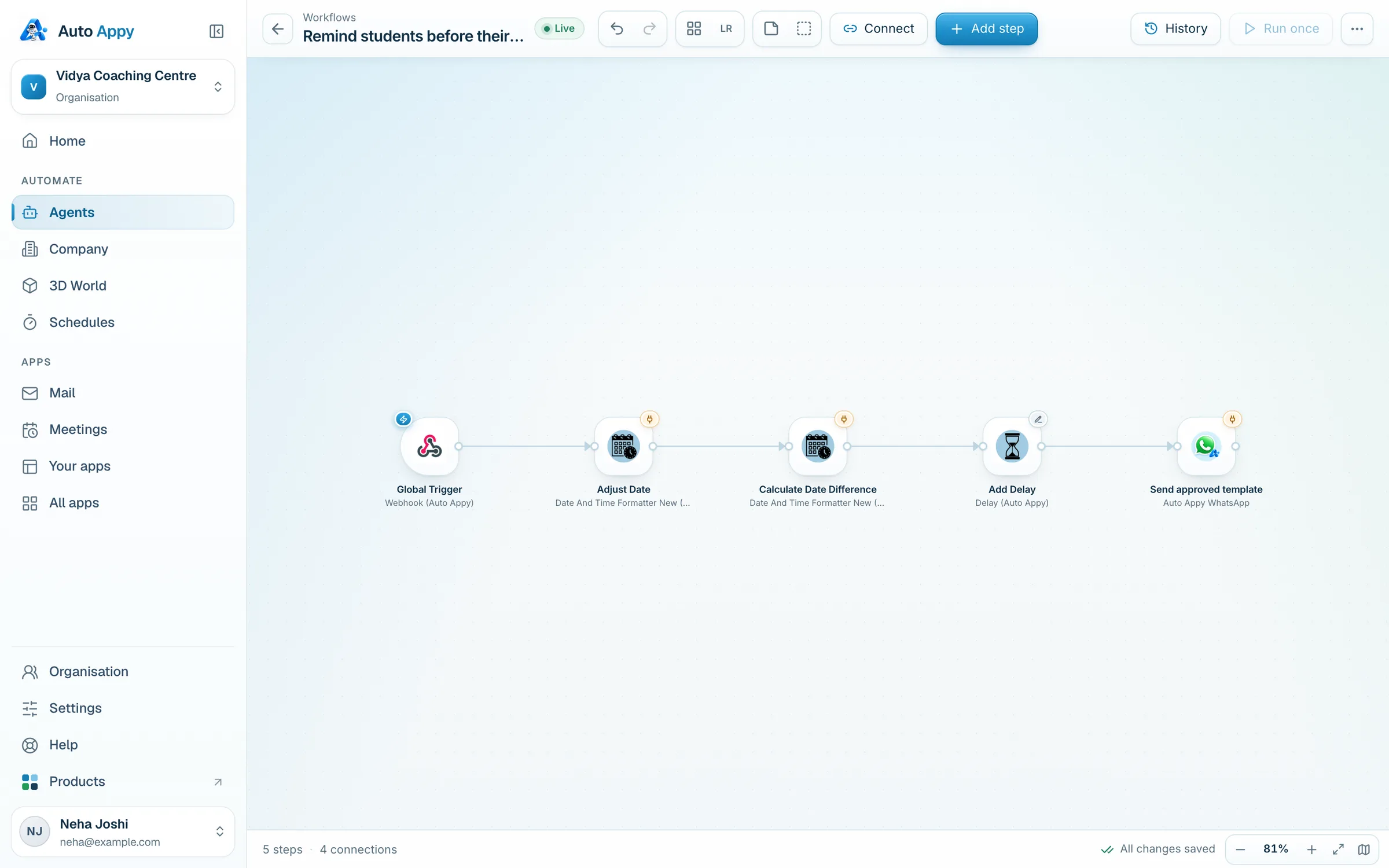 The demo-reminder workflow: Global Trigger, Adjust Date, Calculate Date Difference, Add Delay, Send approved template