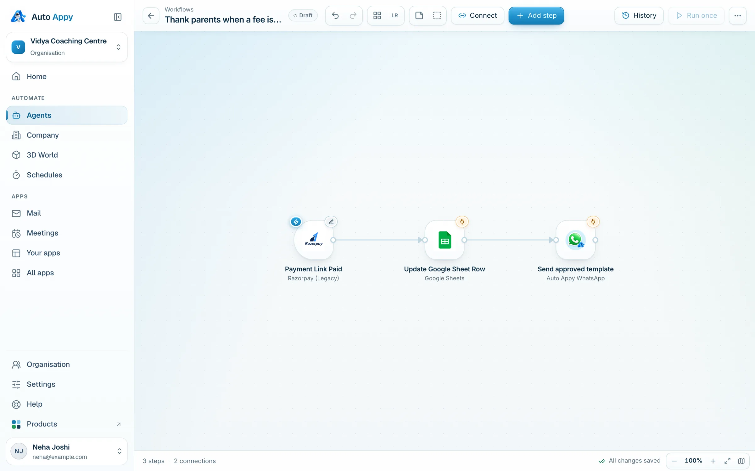 Payment Link Paid, Update Google Sheet Row, Send approved template