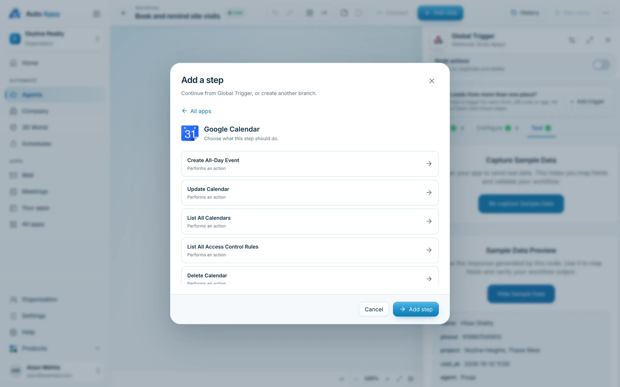 Add a step: Google Calendar actions such as Create All-Day Event, Update Calendar and List All Calendars