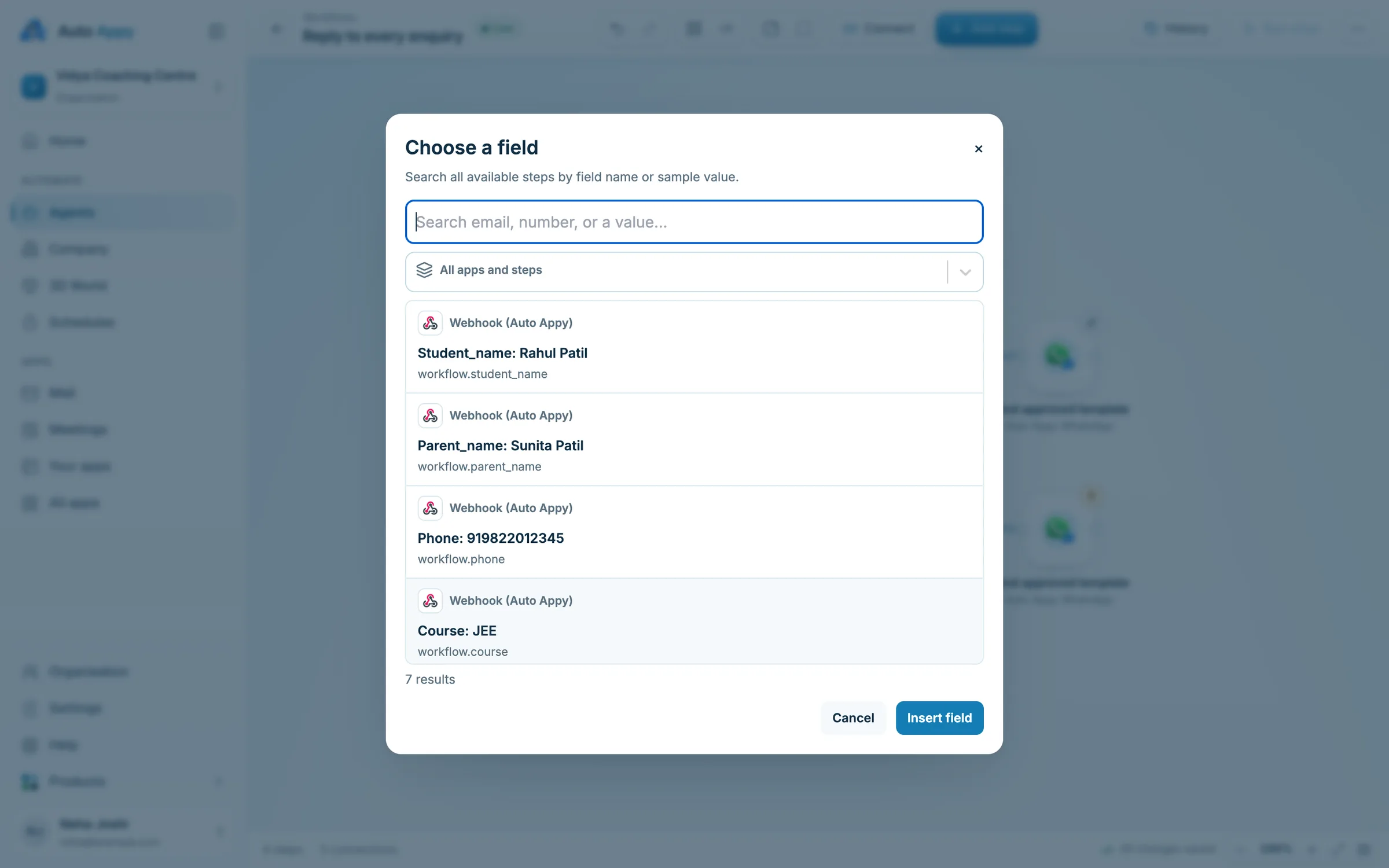 The Choose a field dialog listing the enquiry's fields: Student_name, Parent_name, Phone and Course: JEE