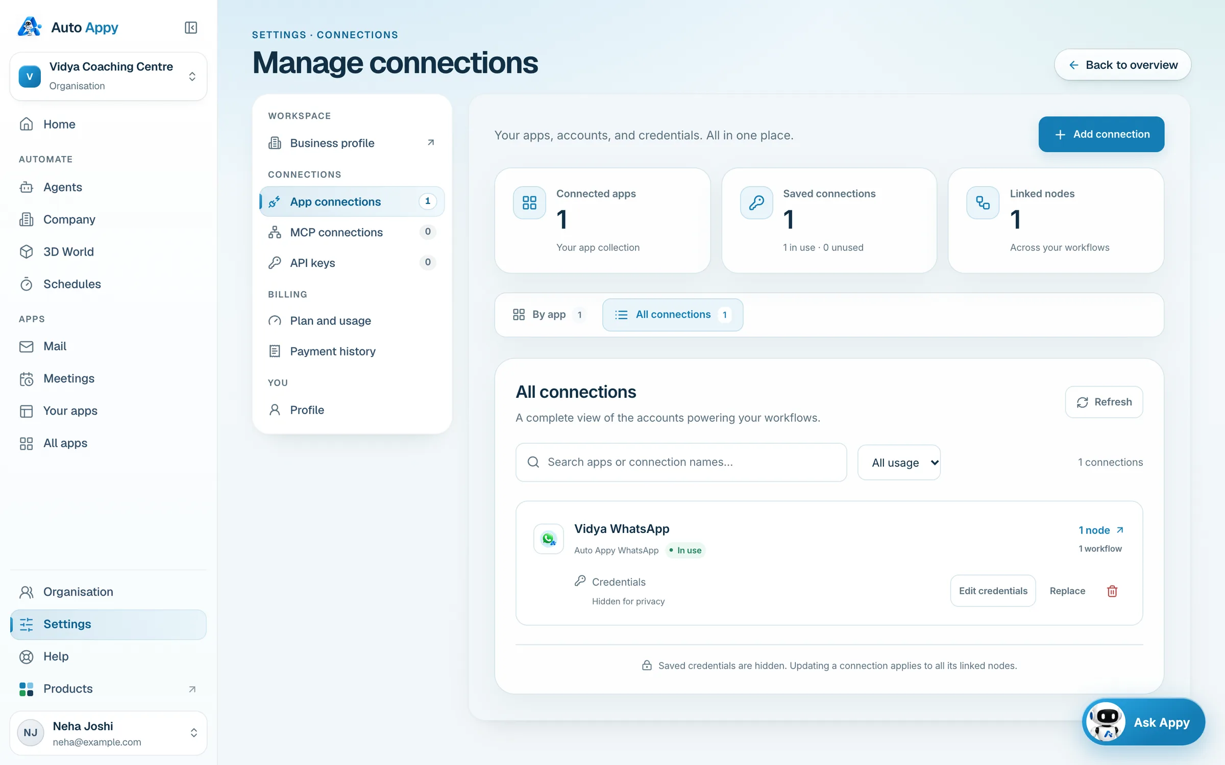 Manage connections: Connected apps, Saved connections and Linked nodes counts, and a list with Edit credentials, Replace and Delete