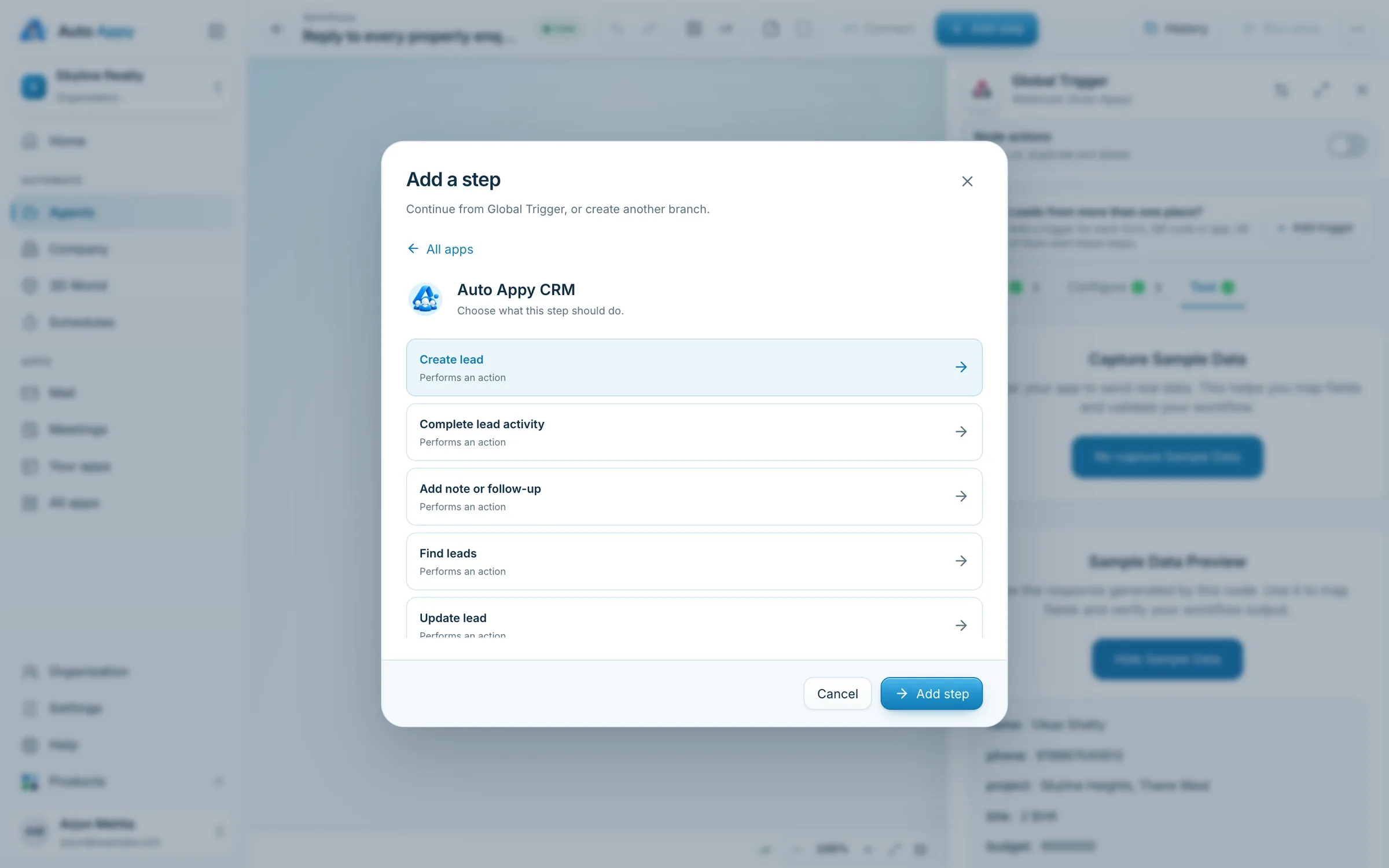 Add a step: Auto Appy CRM actions including Create lead, Find leads, Update lead and Add note or follow-up