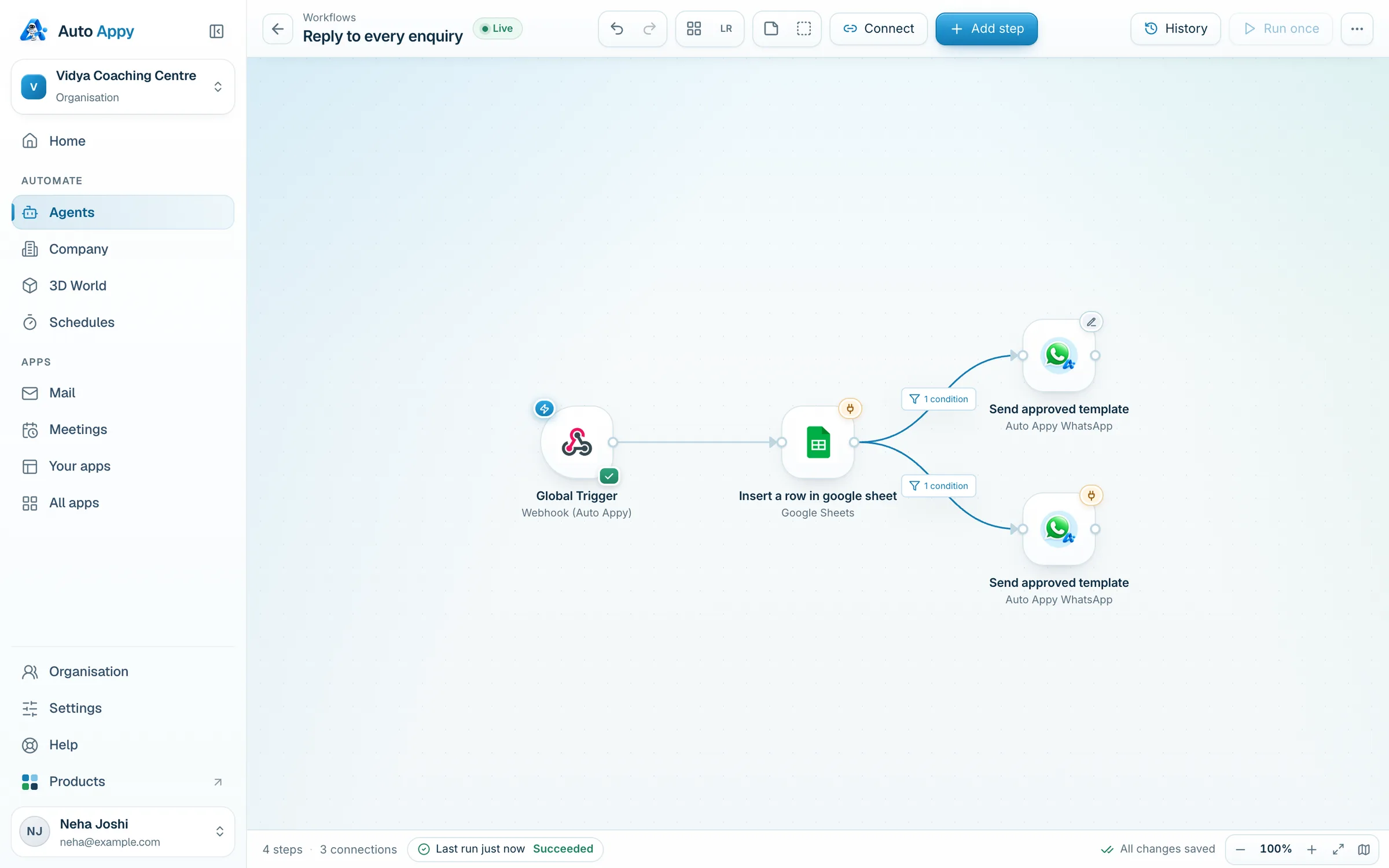 A workflow on the canvas: Global Trigger, then Insert a row in google sheet, then Send approved template