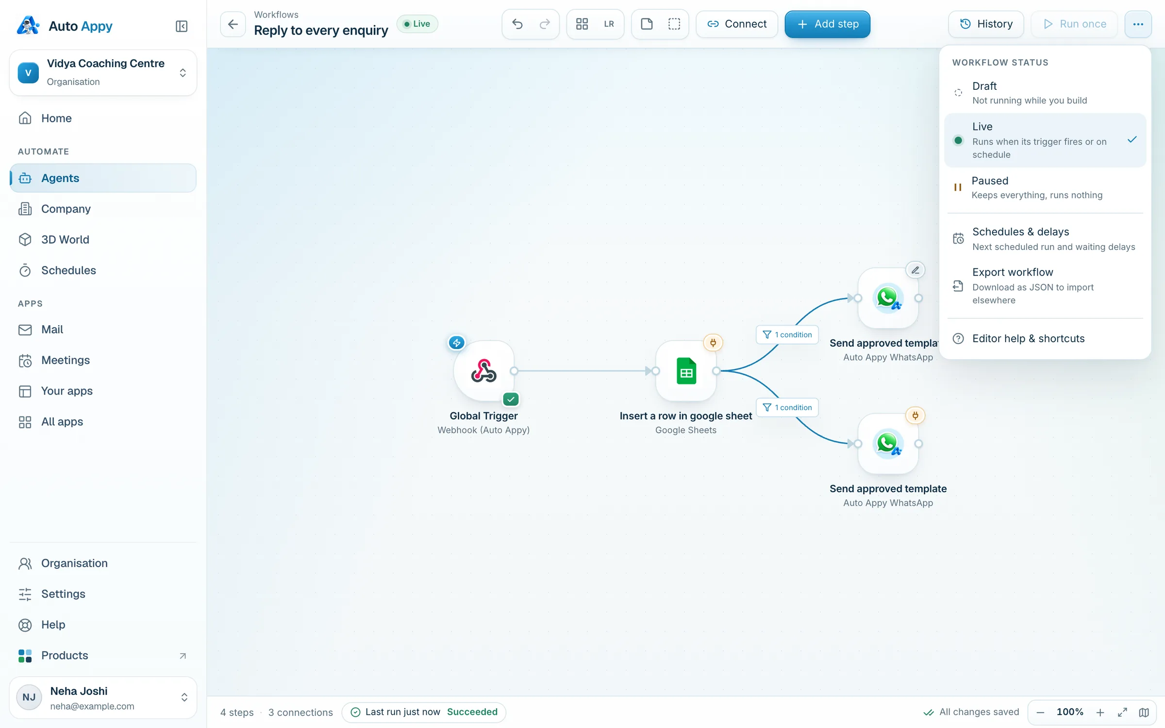 The More menu showing Workflow status Draft, Live (selected) and Paused, plus Schedules & delays, Export workflow and Editor help