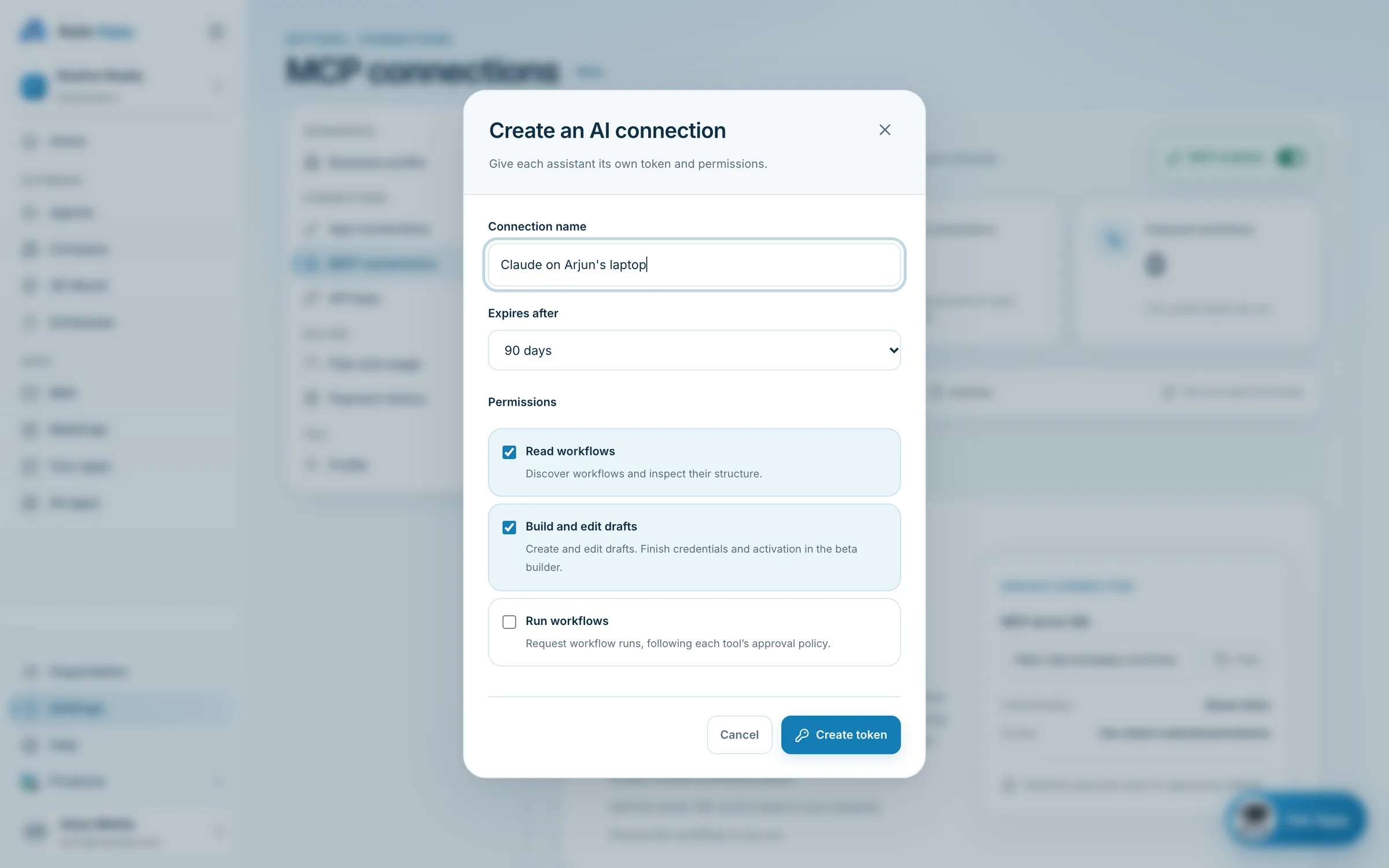 Create an AI connection: Connection name, Expires after 90 days, Permissions Read workflows, Build and edit drafts, Run workflows
