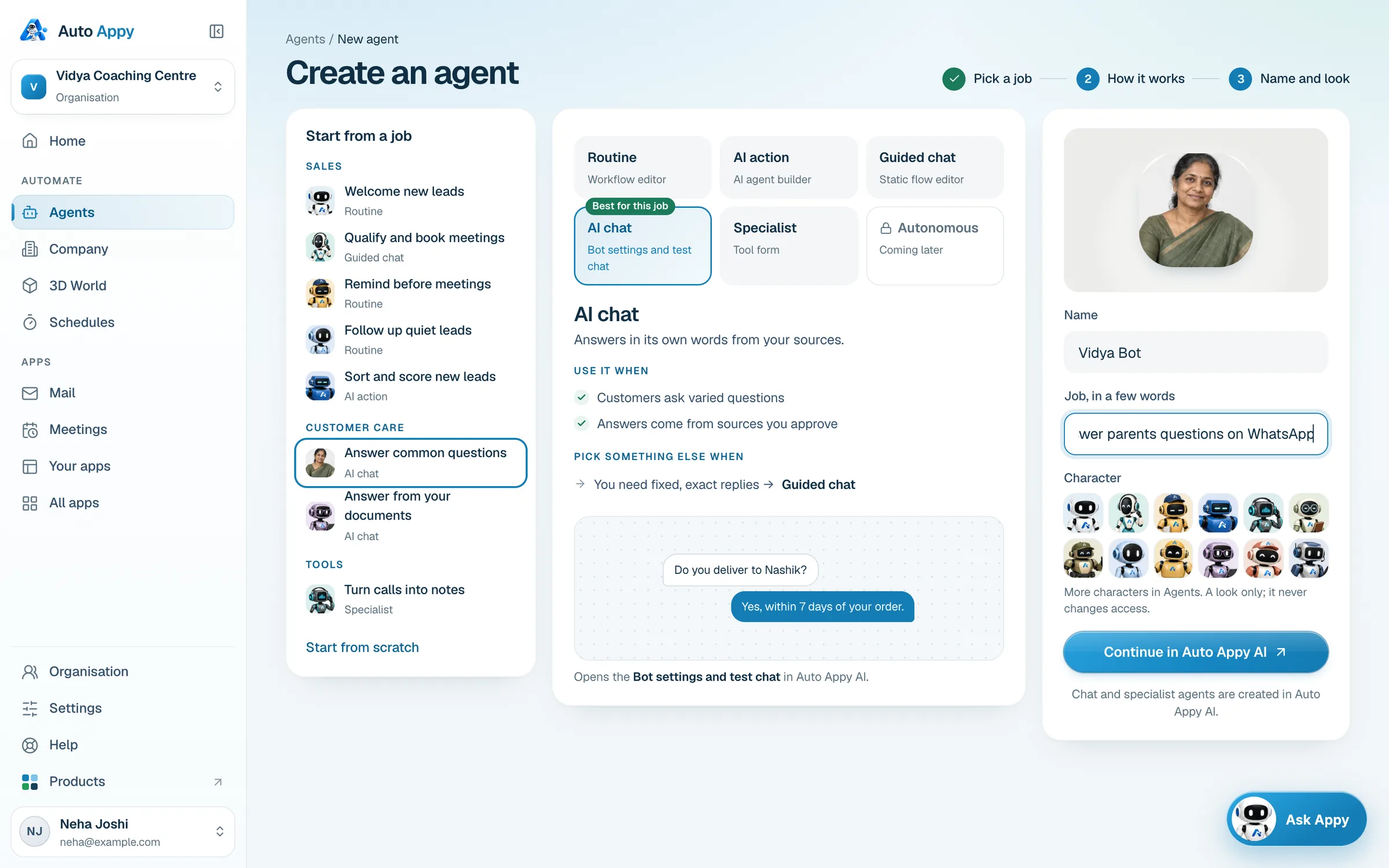 Create an agent with Answer common questions selected, AI chat build method, name Vidya Bot, and Continue in Auto Appy AI