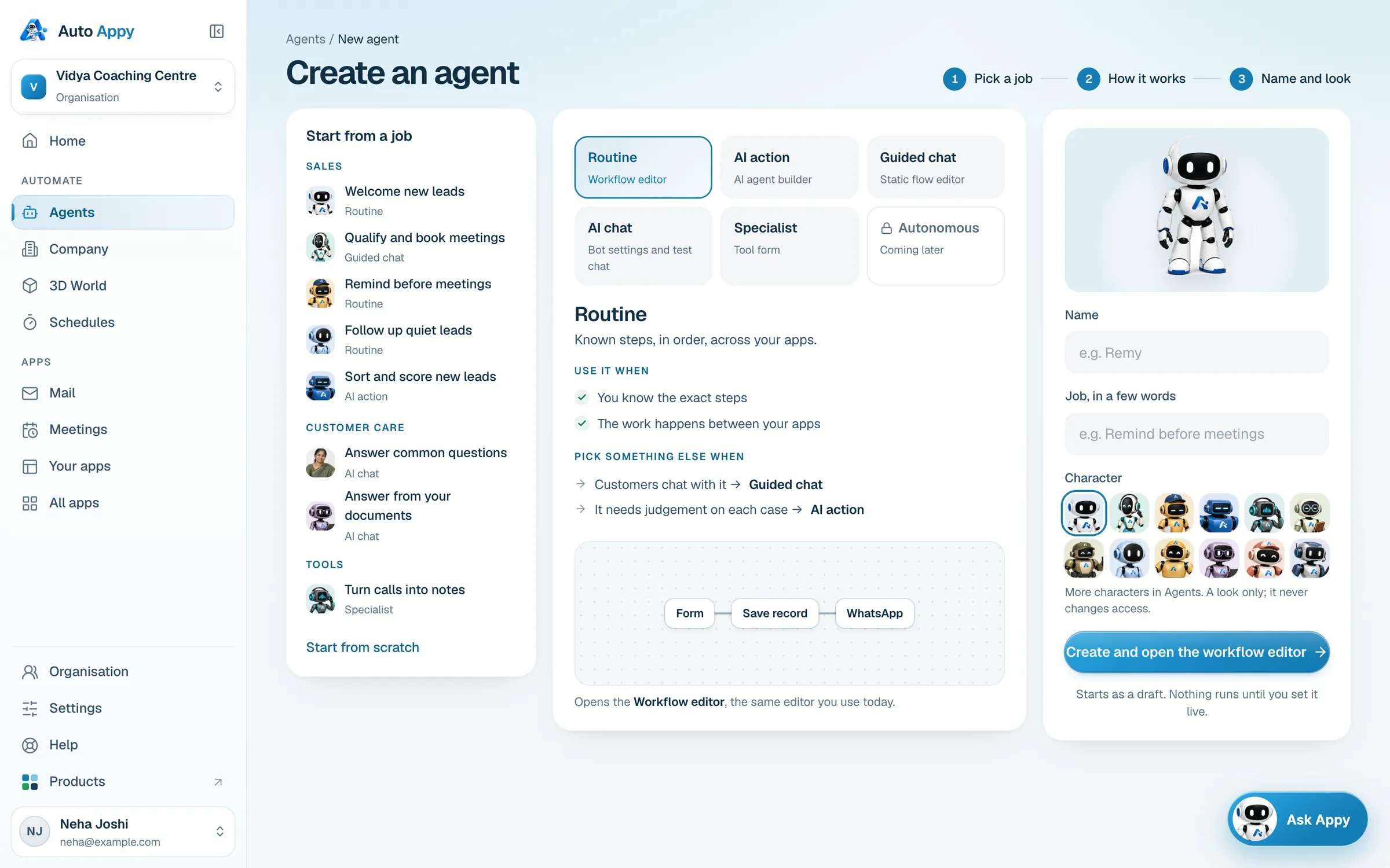 Create an agent: Start from a job, build methods (Routine, AI action, Guided chat, AI chat, Specialist, Autonomous coming later), and Name and look