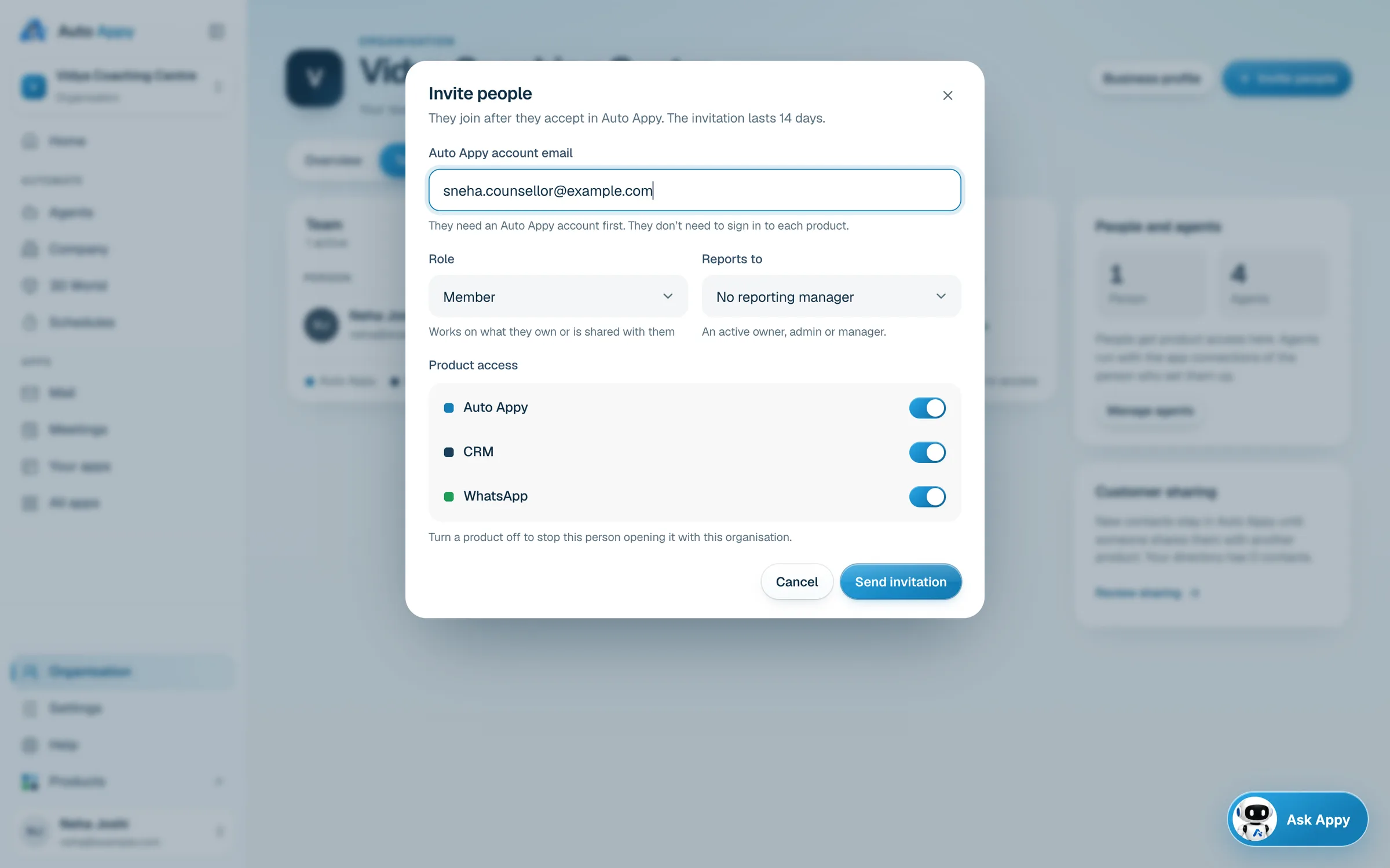 Invite people dialog with sneha.counsellor@example.com, role Member and product access switches