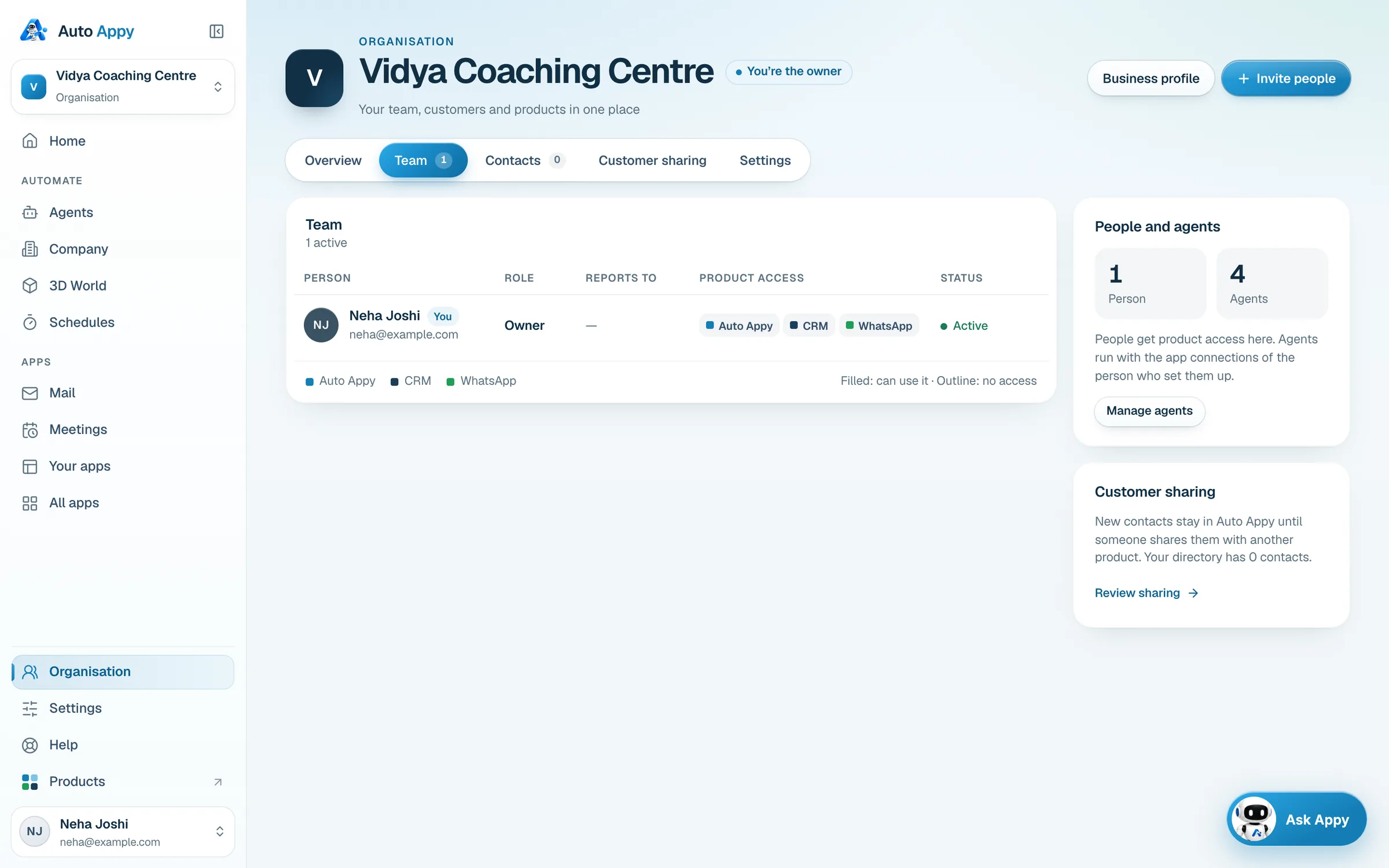 The Vidya Coaching Centre organisation: Team tab with Neha Joshi as Owner with Auto Appy, CRM and WhatsApp access