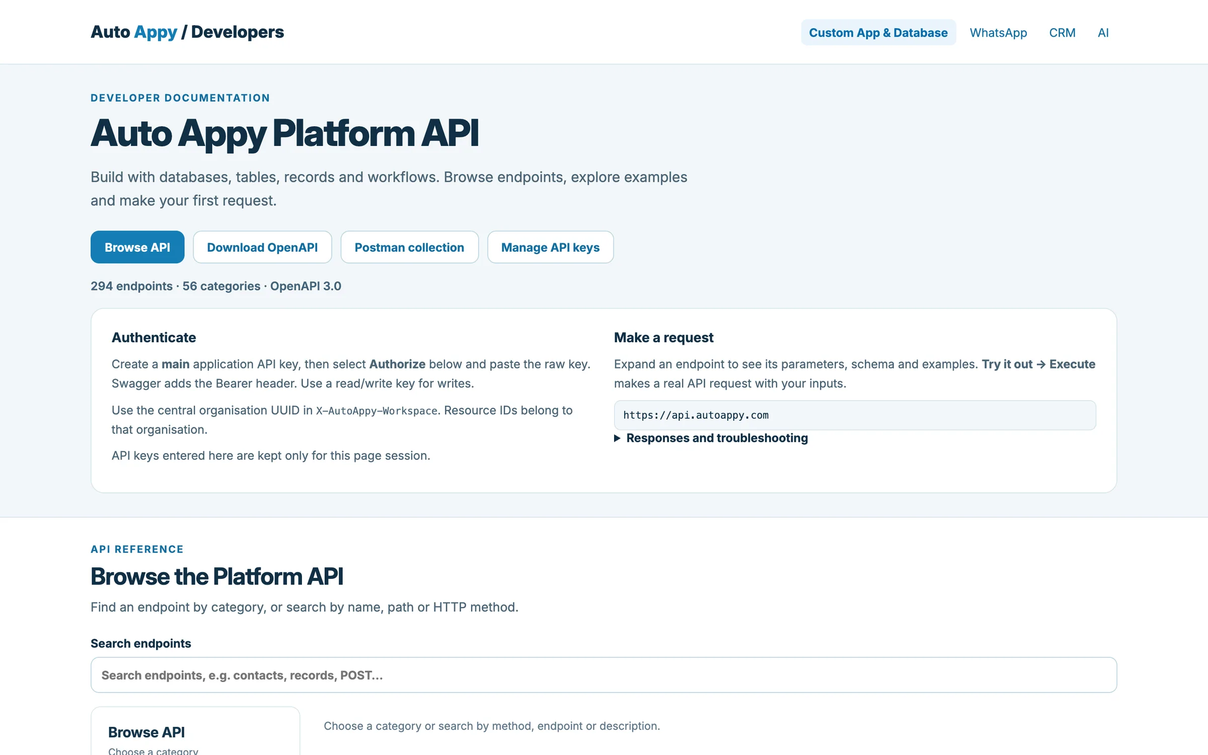 Auto Appy Platform API documentation: Browse API, Download OpenAPI, Postman collection, Manage API keys