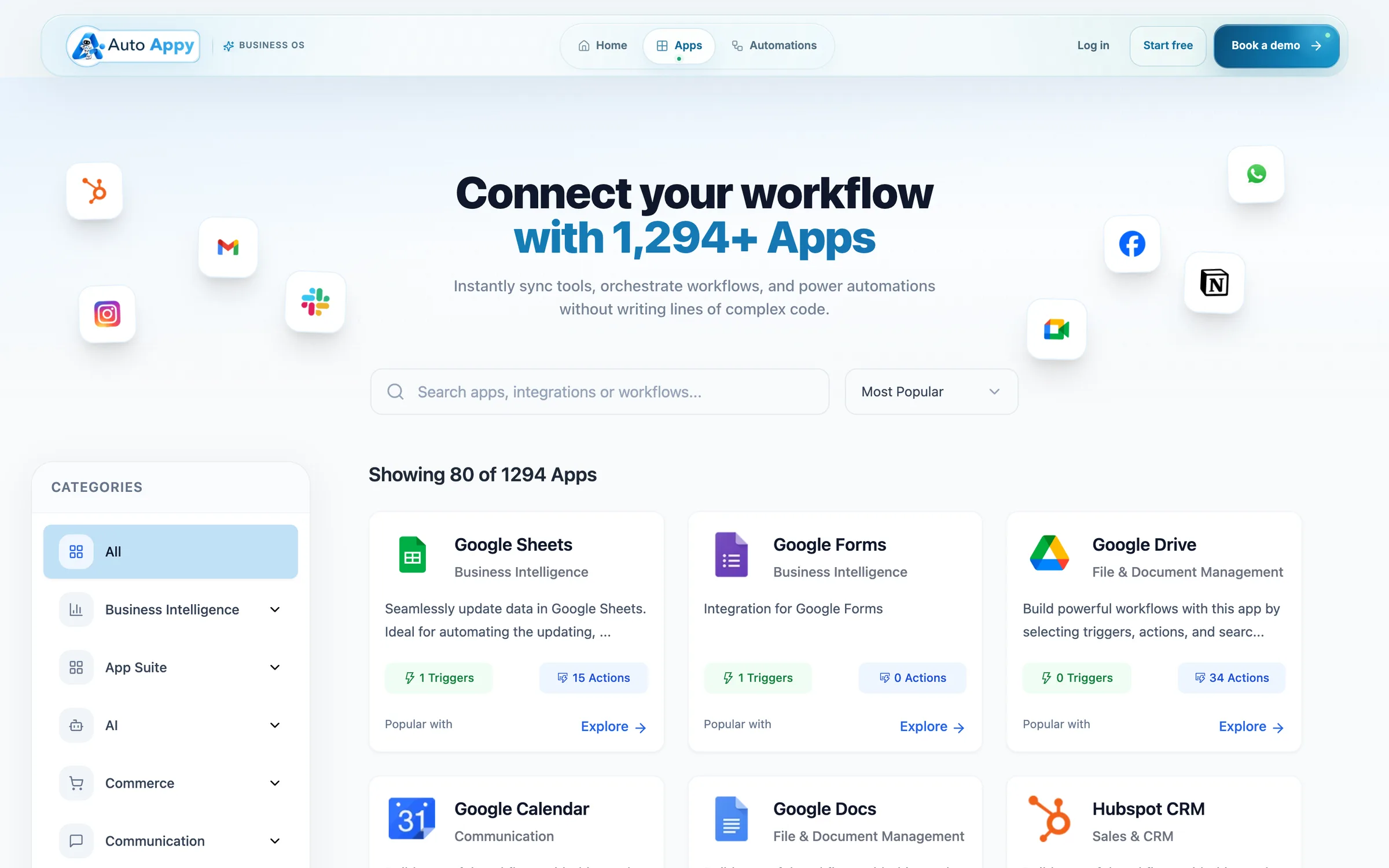 The public app directory: Connect your workflow with 1,294+ apps, with categories and app cards