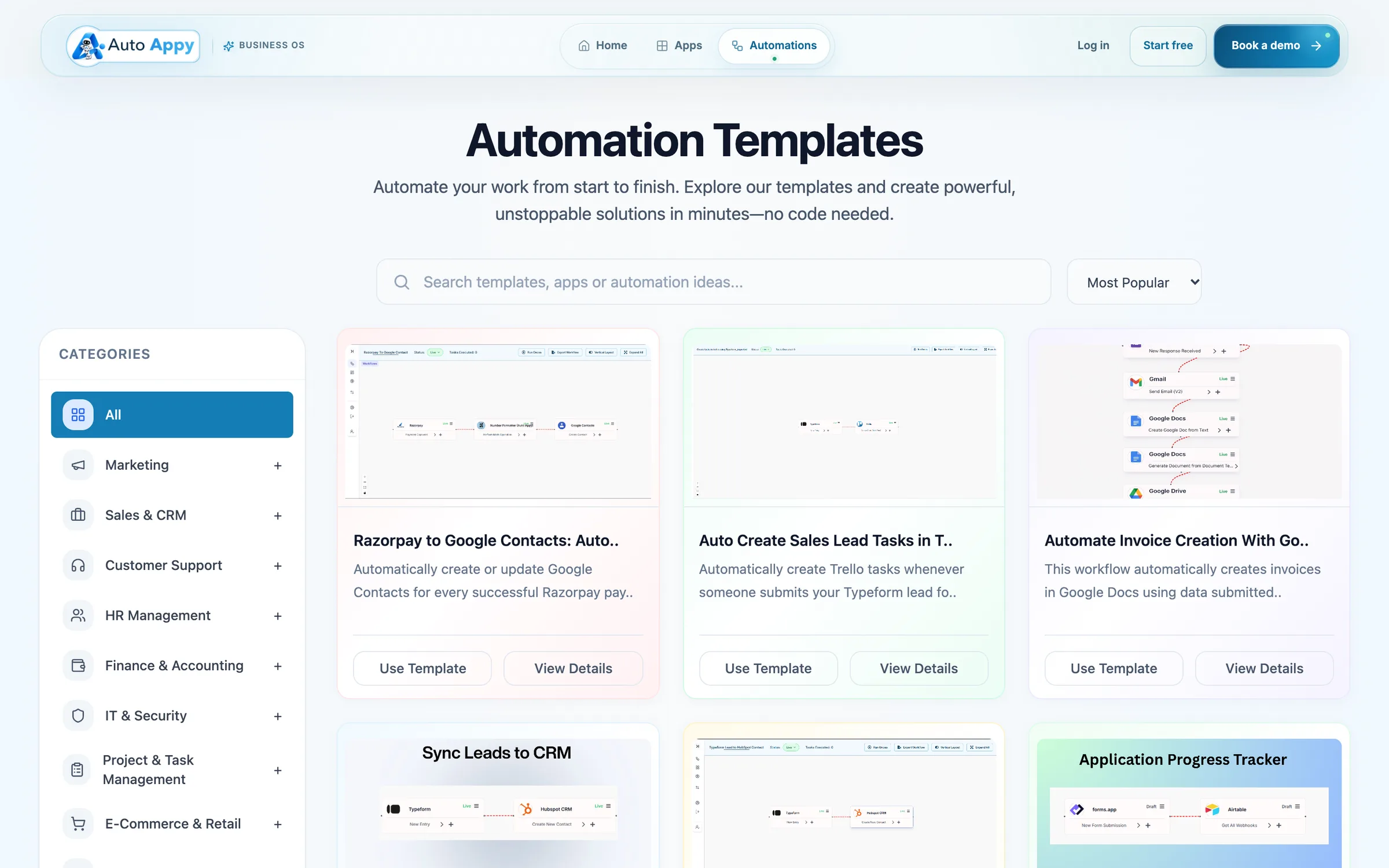 The Automation Templates gallery with categories on the left and template cards with Use Template and View Details