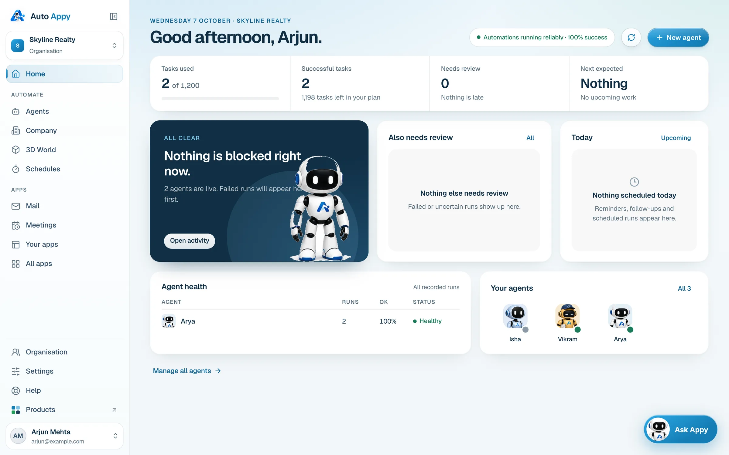 Home for Skyline Realty with tasks used, all clear and Arya healthy