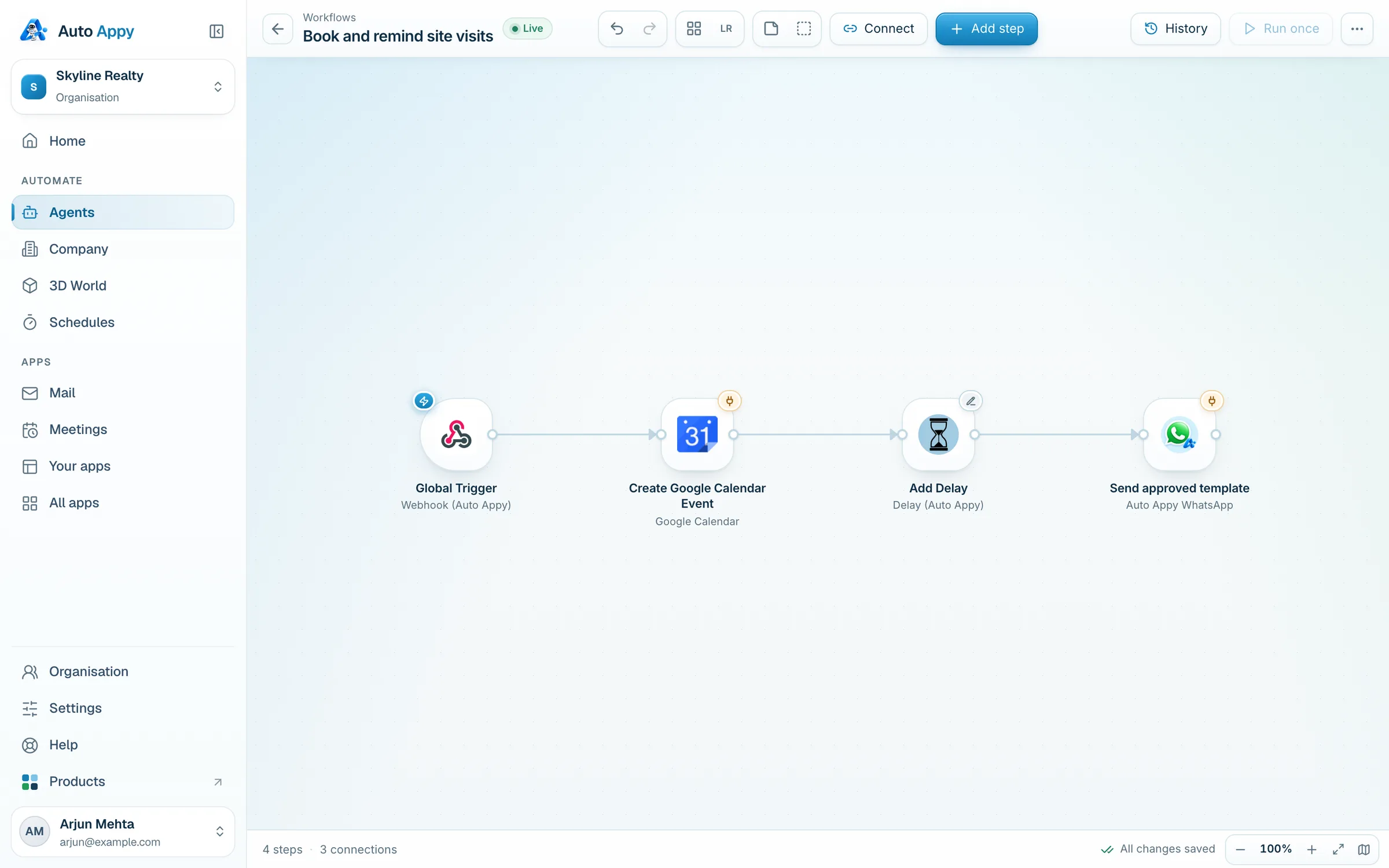 Global Trigger, Create Google Calendar Event, Add Delay, Send approved template