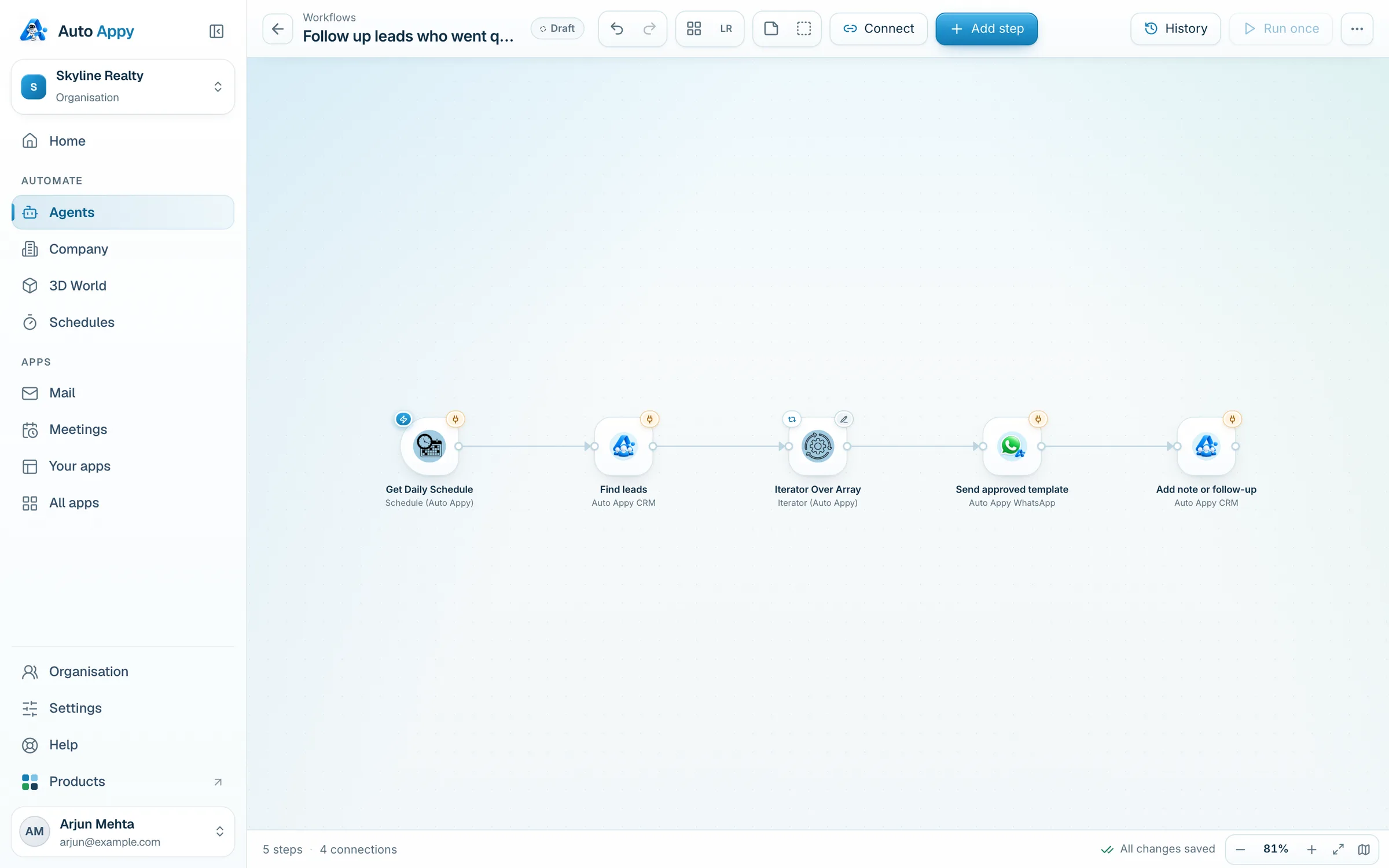 Get Daily Schedule, Find leads, Iterator Over Array, Send approved template, Add note or follow-up