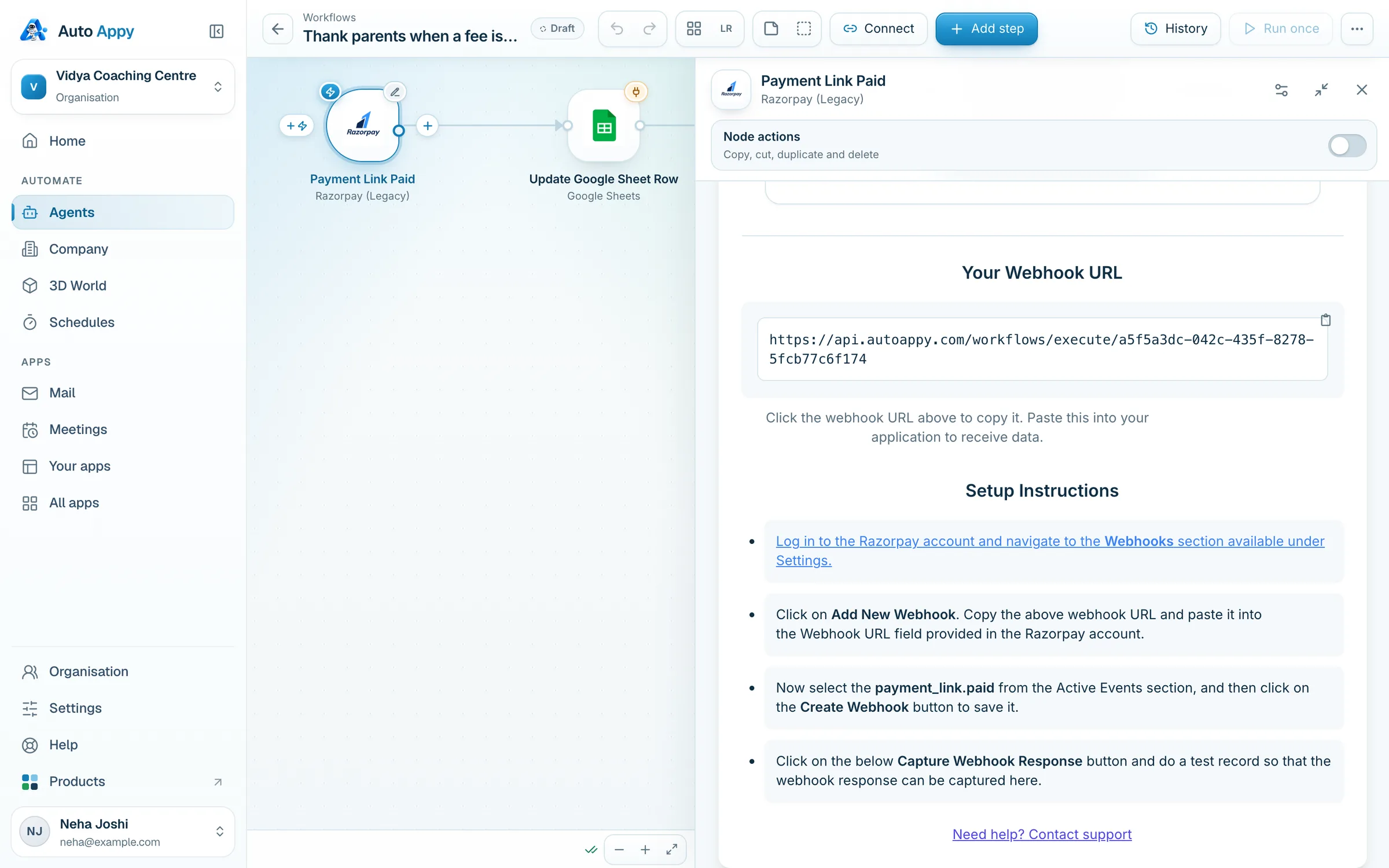 Payment Link Paid trigger Setup: Your Webhook URL and Razorpay setup instructions (Webhooks section, Add New Webhook, payment_link.paid, Create Webhook)