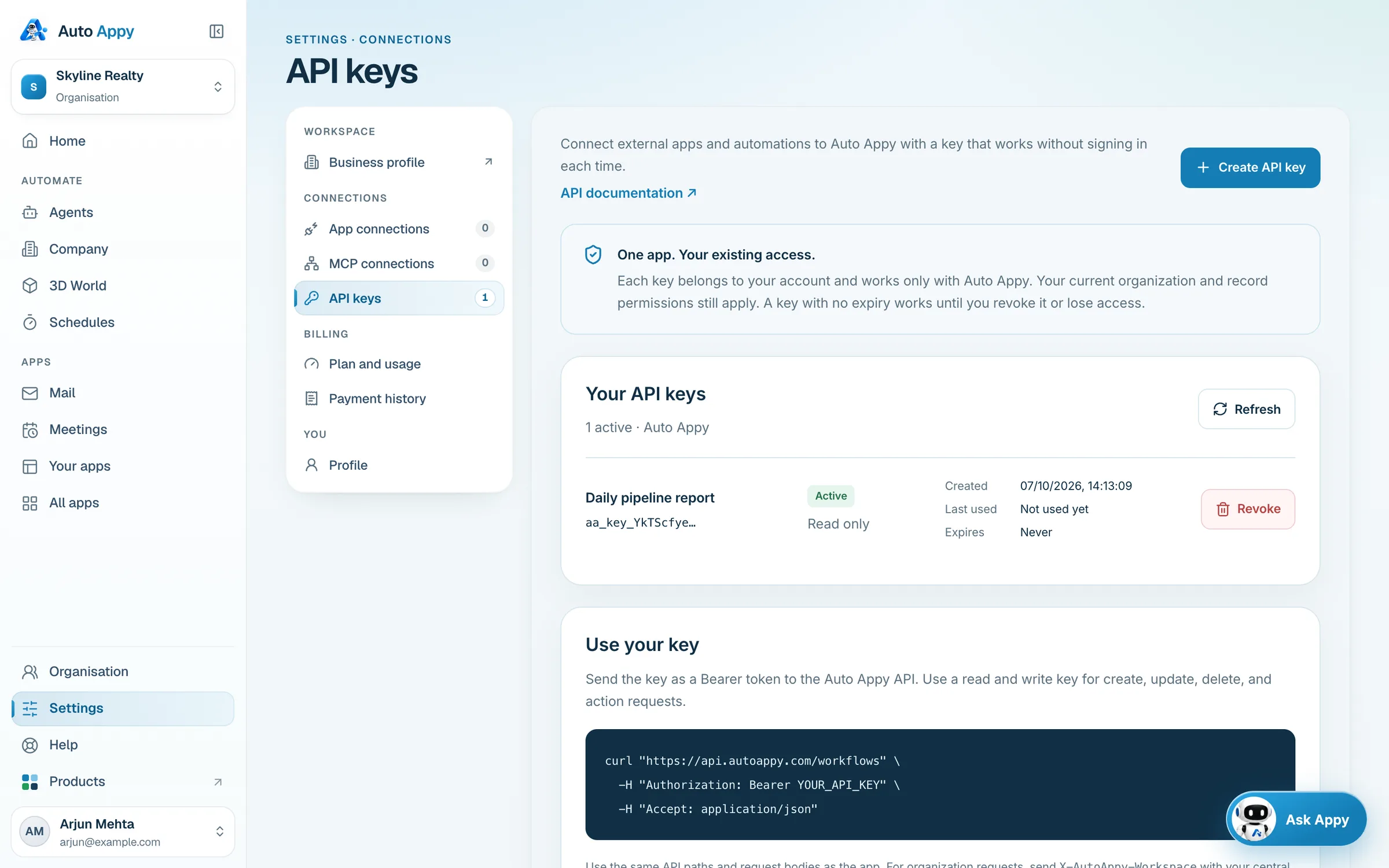 Your API keys: Website lead form, Active, Read and write, with a Revoke button, and the Use your key example