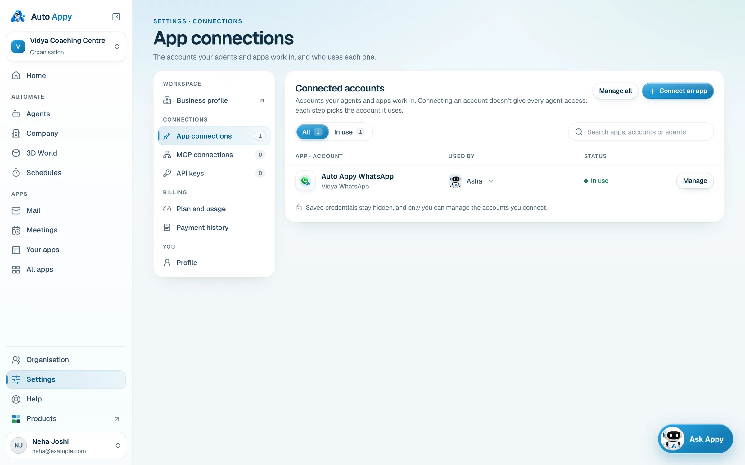 App connections overview: Connected accounts with Used by and Status columns, Manage all and Connect an app buttons