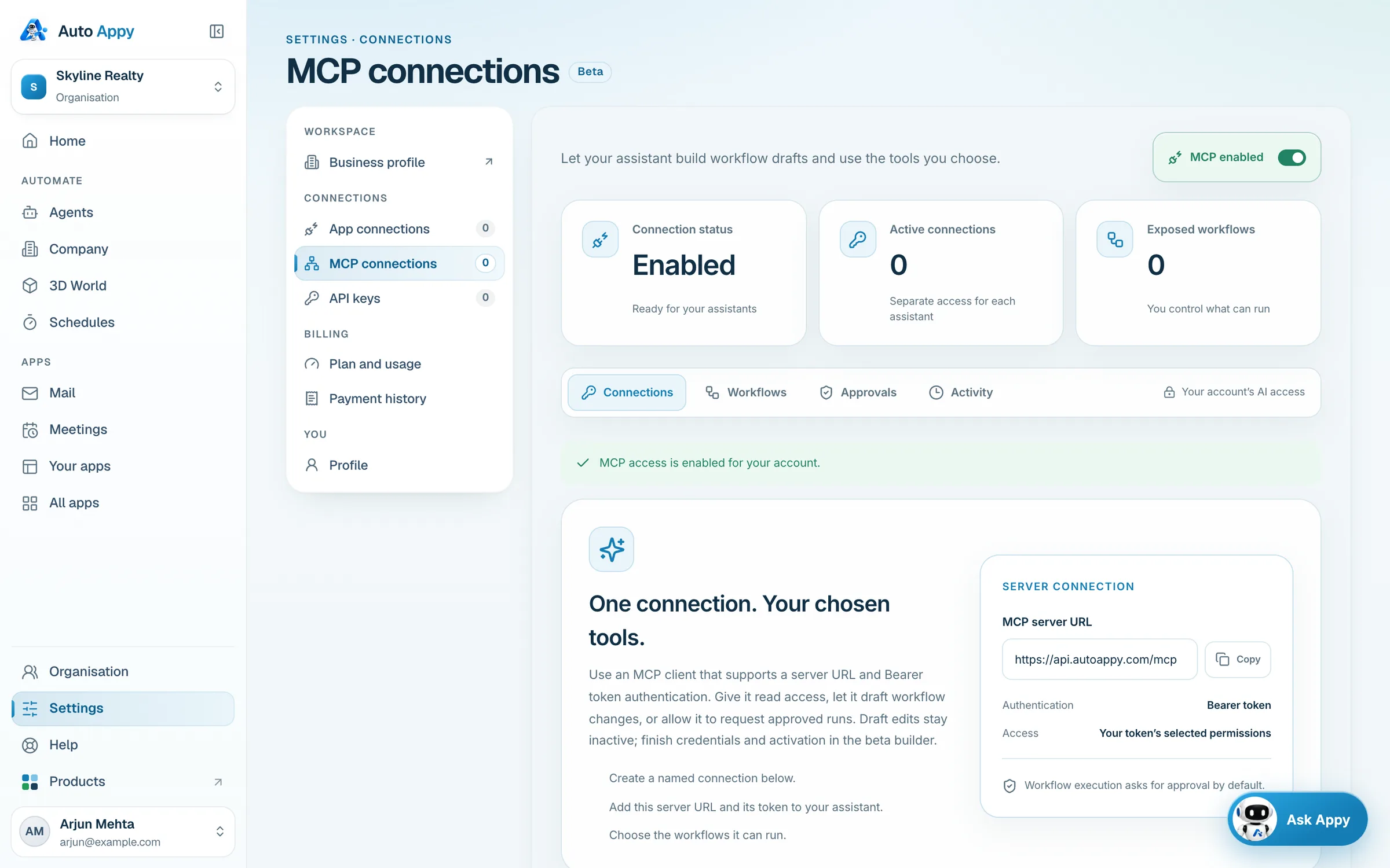 MCP connections: Enabled, active connections, exposed workflows, tabs for Connections, Workflows, Approvals and Activity, and the server URL https://api.autoappy.com/mcp