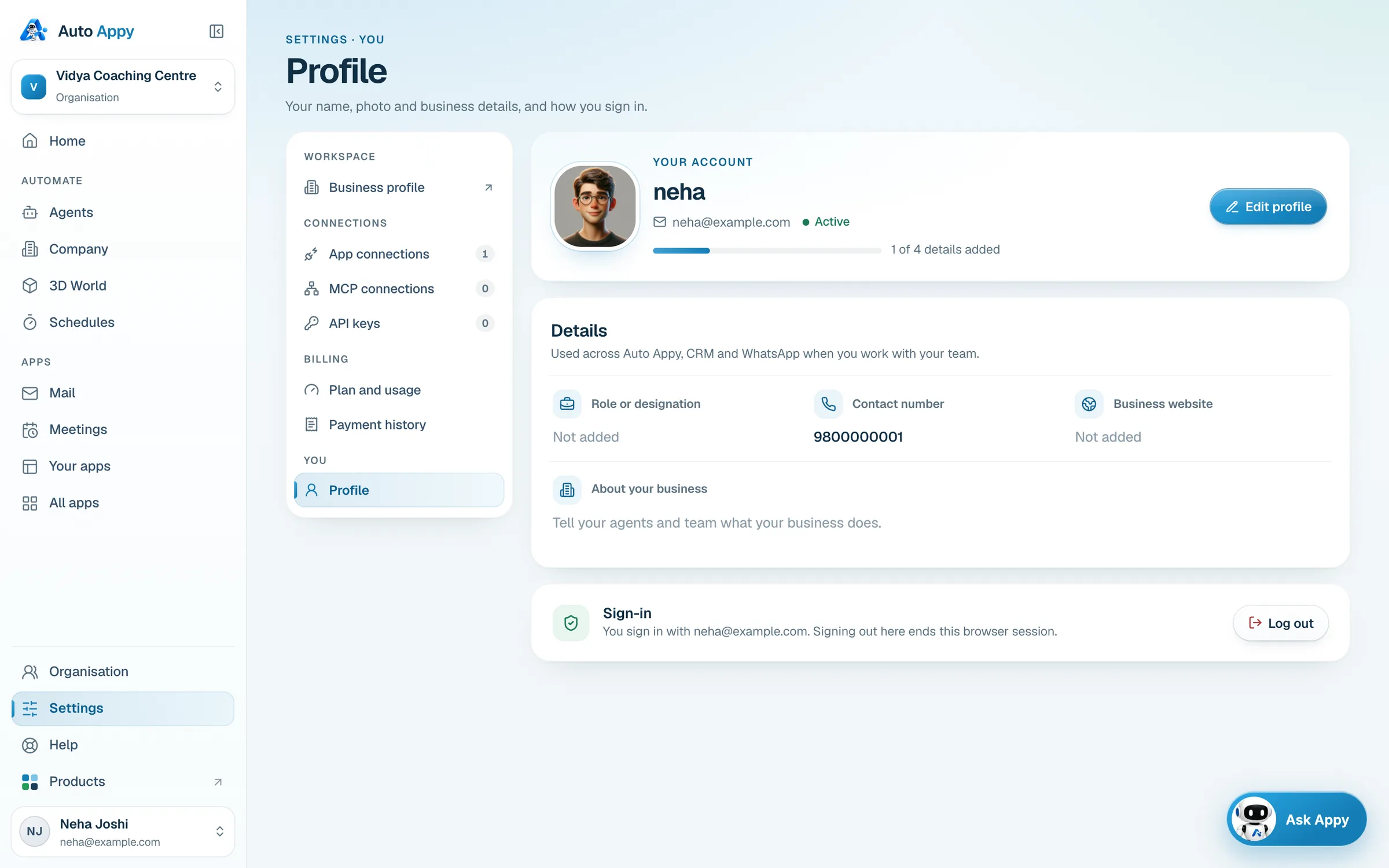 Profile: Your account card with Edit profile, Details (role, contact number, website, about your business) and Sign-in with Log out