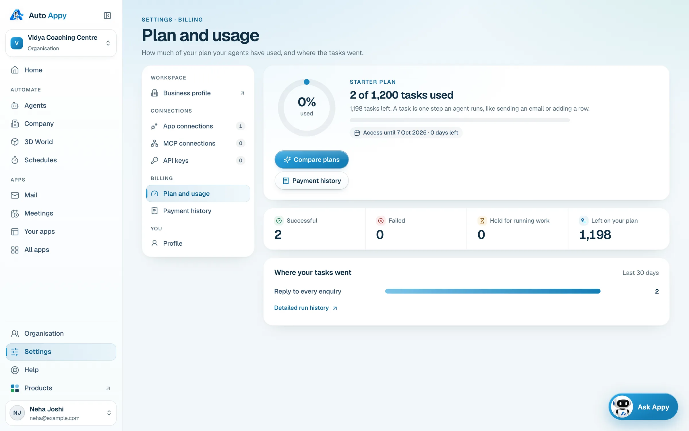 Plan and usage: Starter plan, 1 of 1,200 tasks used, Compare plans, and Where your tasks went