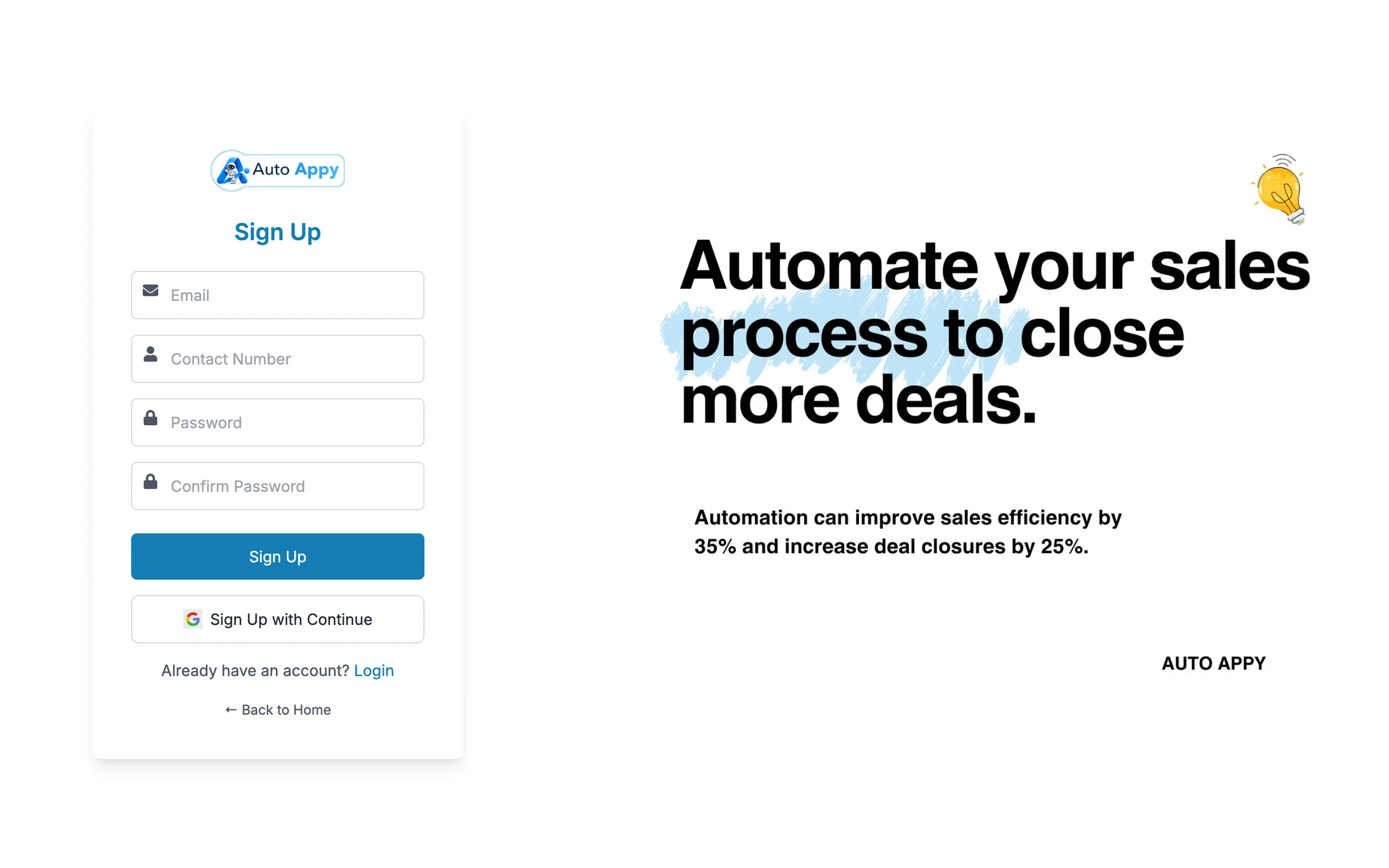 The Auto Appy sign-up form with Email, Contact Number, Password and Confirm Password