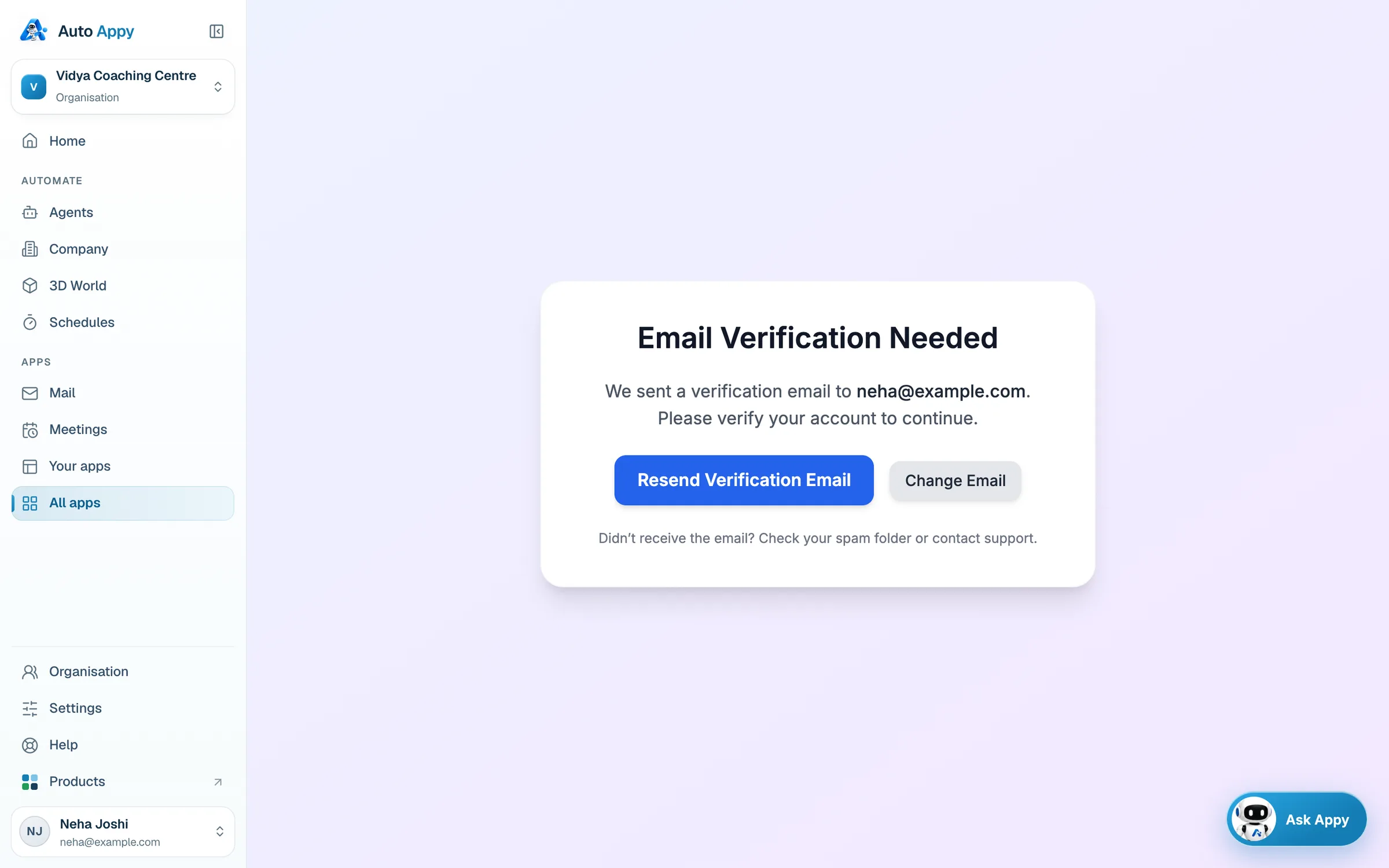 Email Verification Needed screen with Resend Verification Email and Change Email buttons