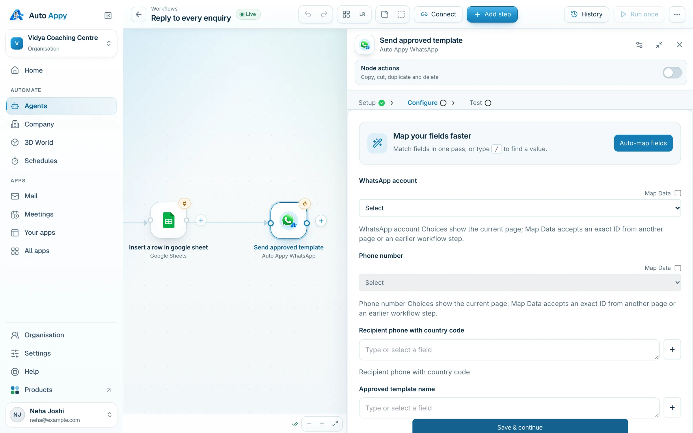 The Configure tab for Send approved template, with Auto-map fields, WhatsApp account, Phone number and Recipient phone fields