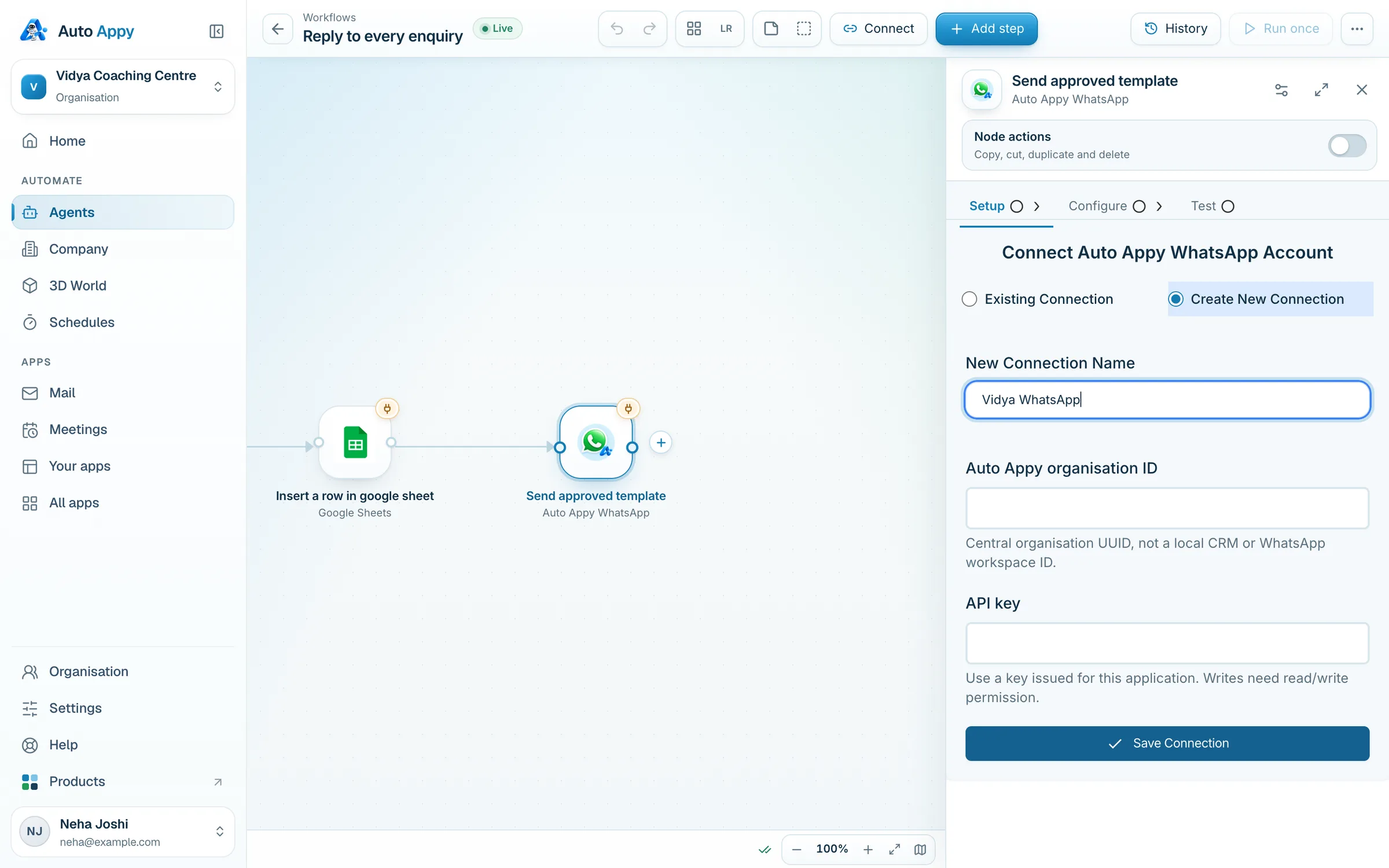 Connect Auto Appy WhatsApp Account: New Connection Name, Auto Appy organisation ID and API key fields