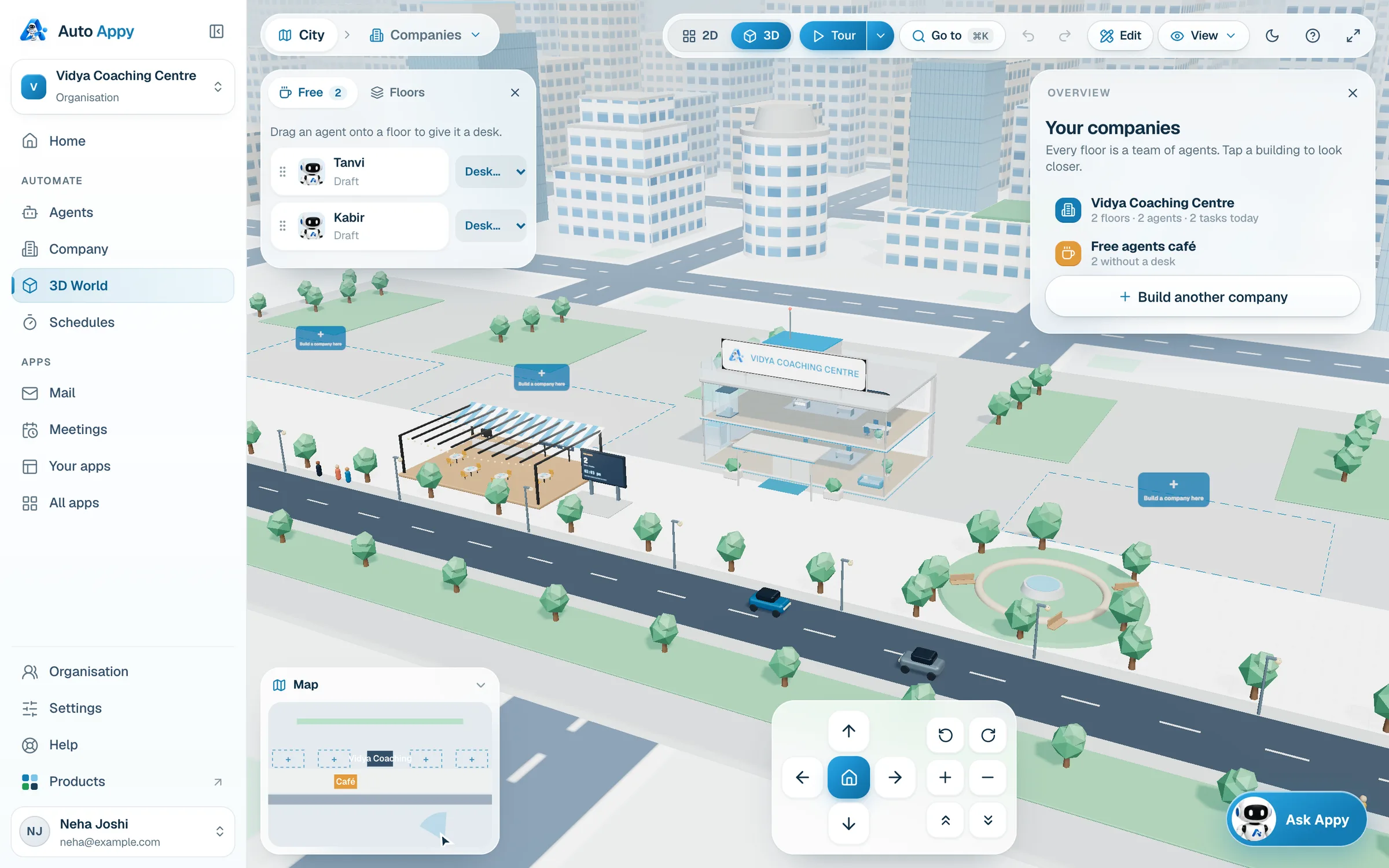 The 3D World view showing the Vidya Coaching Centre building in a small city